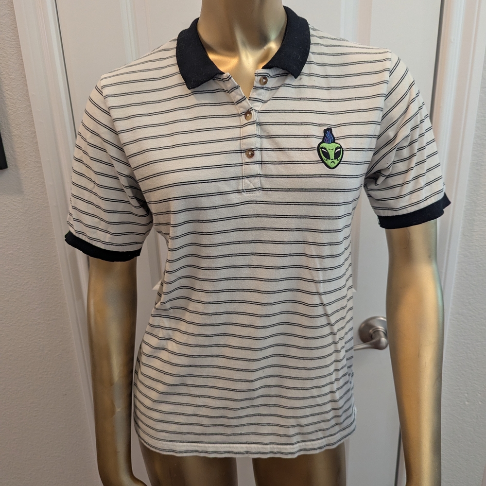 Wildfang Black and White Striped Alien PoloShirt